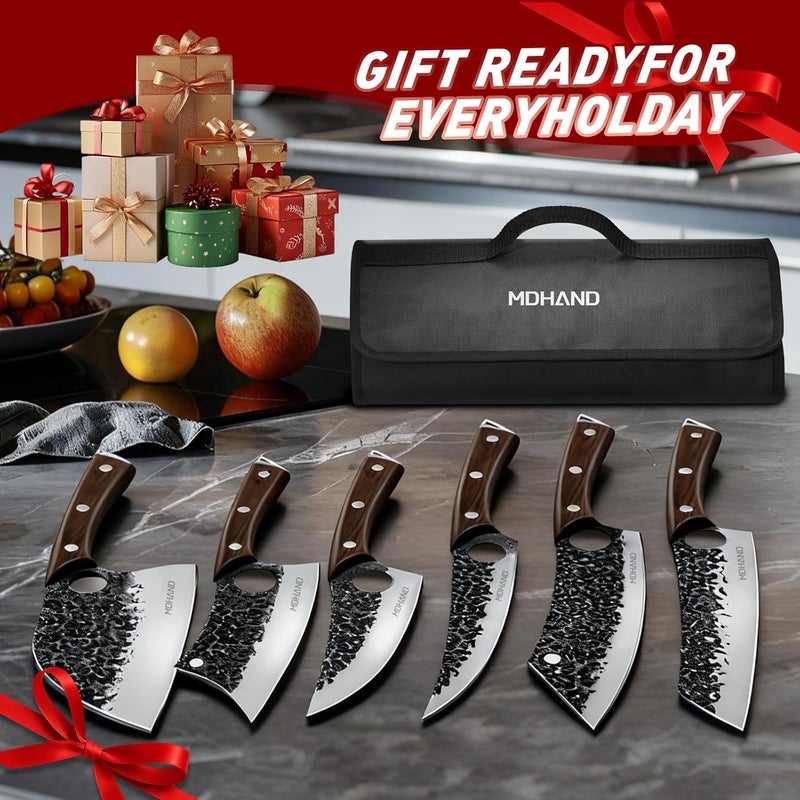 MDHAND Butcher Knife Set, 13PCS Hand Forged Serbian Chef Knife Set with Bag, Full Tang Kitchen Knife Sets with High Carbon Steel, Meat Cleaver Butcher Boning Knife for Brisket Trimming, Gift for Men - Image 5
